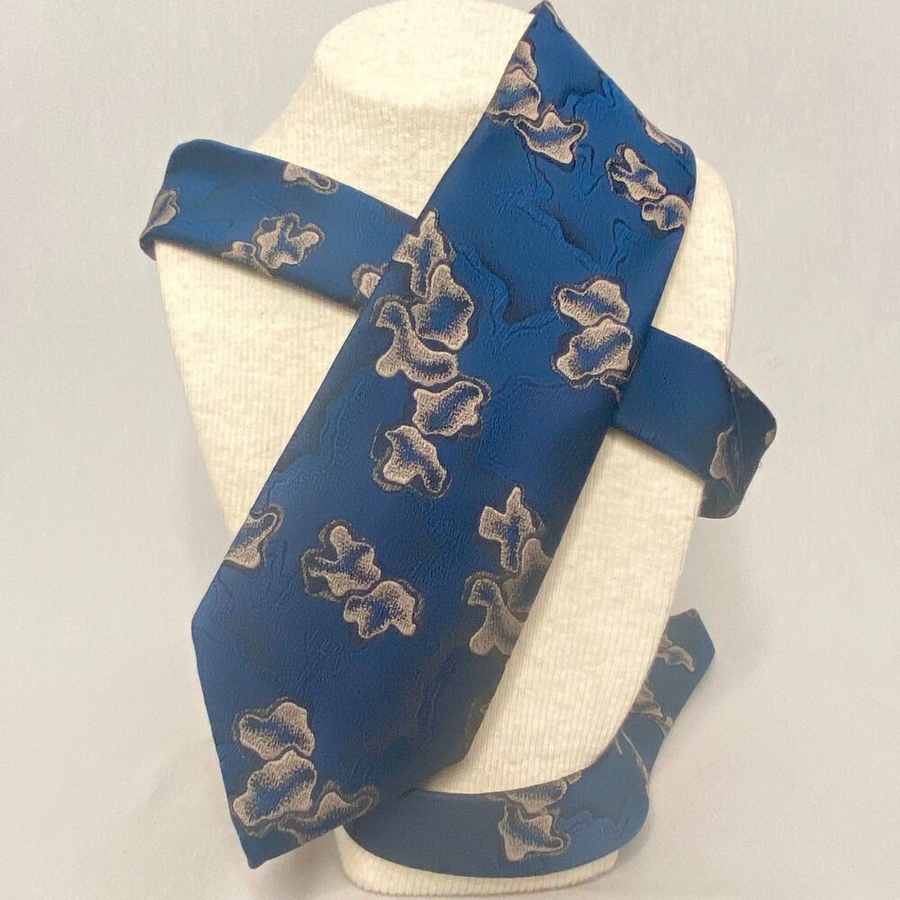 💎Vintage USA Adlofo Mens Neck Tie Royal Blue Cream Textured Abstract Motif